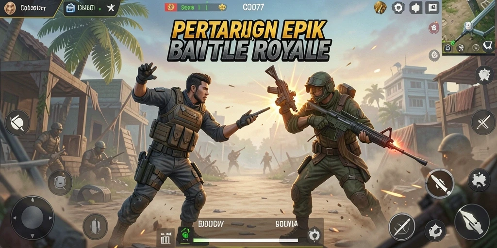Screenshot utama COO77 menampilkan aksi pertarungan intens dalam Battle Royale.