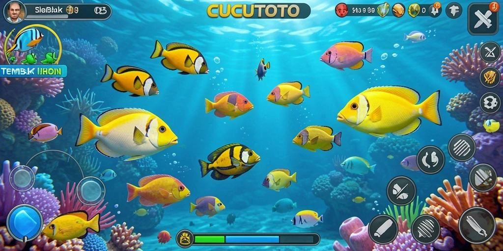 Tampilan gameplay CUCUTOTO dengan aksi tembak ikan yang seru.