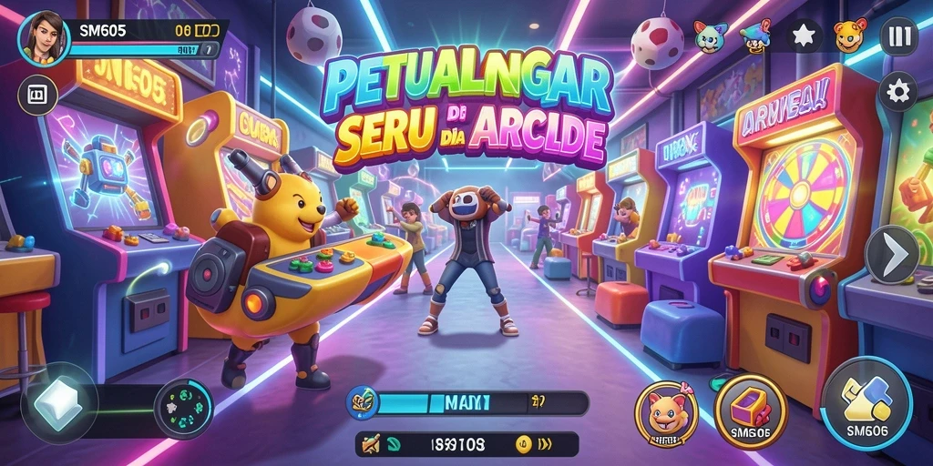 Tangkapan layar utama SM605 menampilkan aksi gameplay Arcade yang seru.